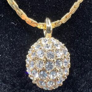 Vintage Japan Gold Tone Pave’ Crystal Ball Pendant Necklace 16” Round Drop